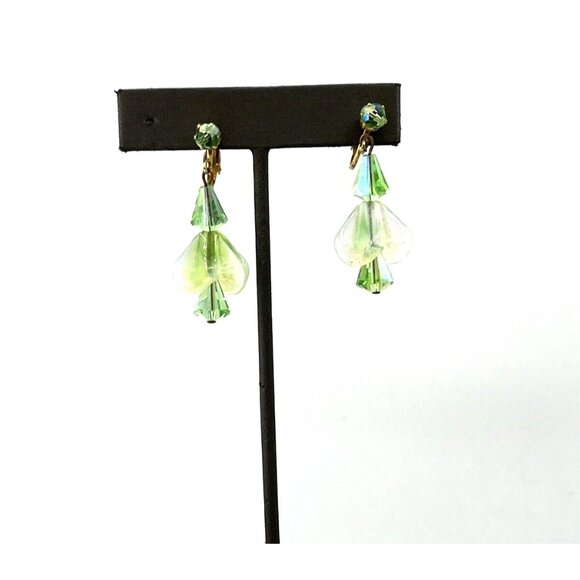 Vintage Uranium Glass Earrings Green Glowy Dangle Clip-on Earrings - Picture 3 of 9